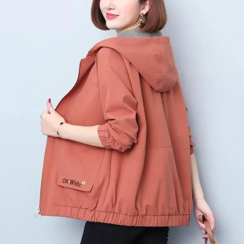 Spring And Autumn Hooded Short Coat Spring New Korean Version Loose Top Casual Windbreaker Women's All-match Pocket  Parke