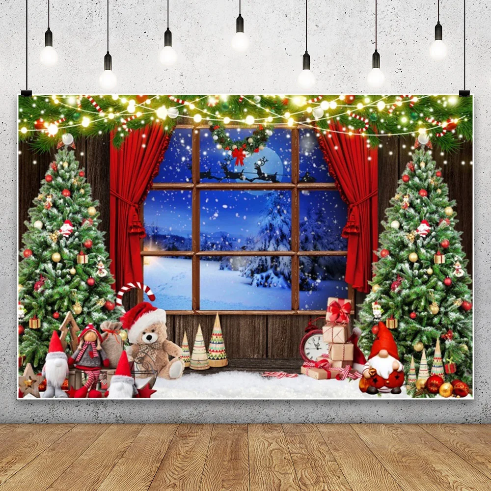 Winter Window Merry Christmas Backdrop Photography Santa Claus Xmas Tree Gifts Party Baby Portrait Photographic Background Props