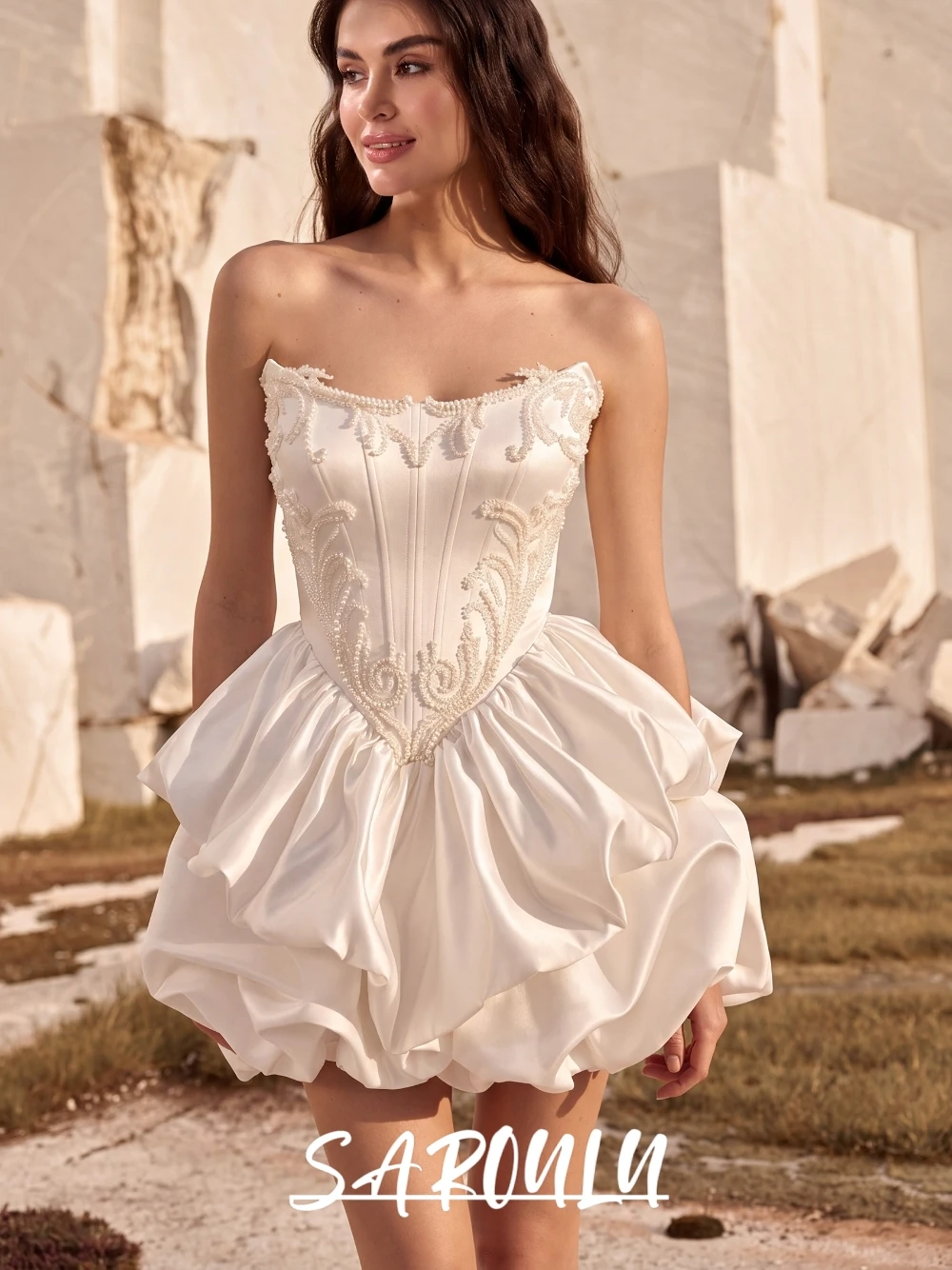 Princess Strapless Dance-ready Mini Wedding Dress Customized Satin Bodice Beaded Bridal Gown Classy Gorgeous Reception Wear