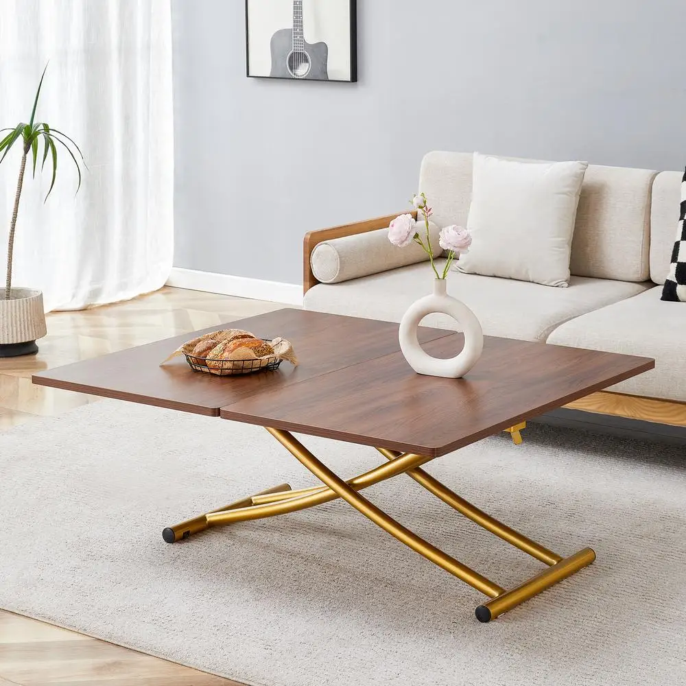 โต๊ะกาแฟแบบยกได้ทันสมัย ลายไม้วอลนัท หน้าโต๊ะ MDF ขาโลหะสีทอง ปรับความสูงได้ โต๊ะอเนกประสงค์