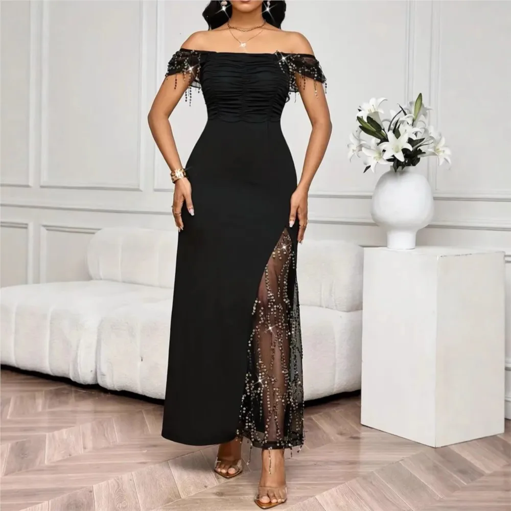 

Square Collar Lace Splicing Dress Spring Summer Fashion Women Solid Color Elegant Bright Diamond Slim Slit Long Frock Ropa Mujer