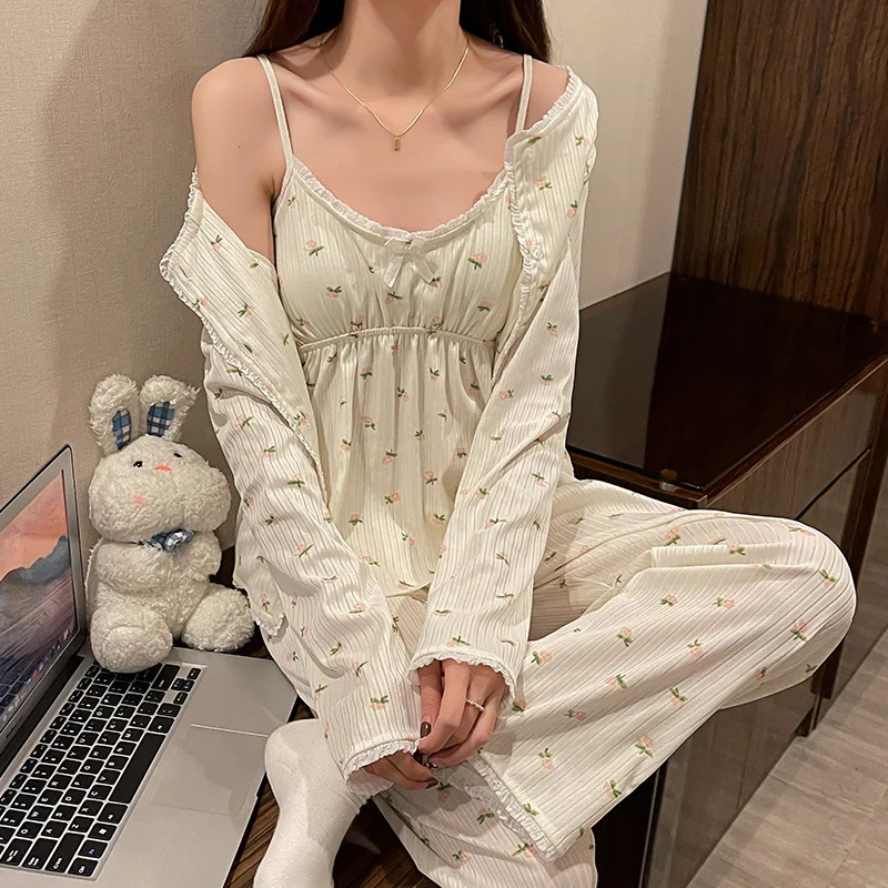 

New Ladies Pajamas Set 3Pcs Cardigan+Camisole+Pants Cotton Femme Sleepwear Spring Autumn Comfort Loose Homewear