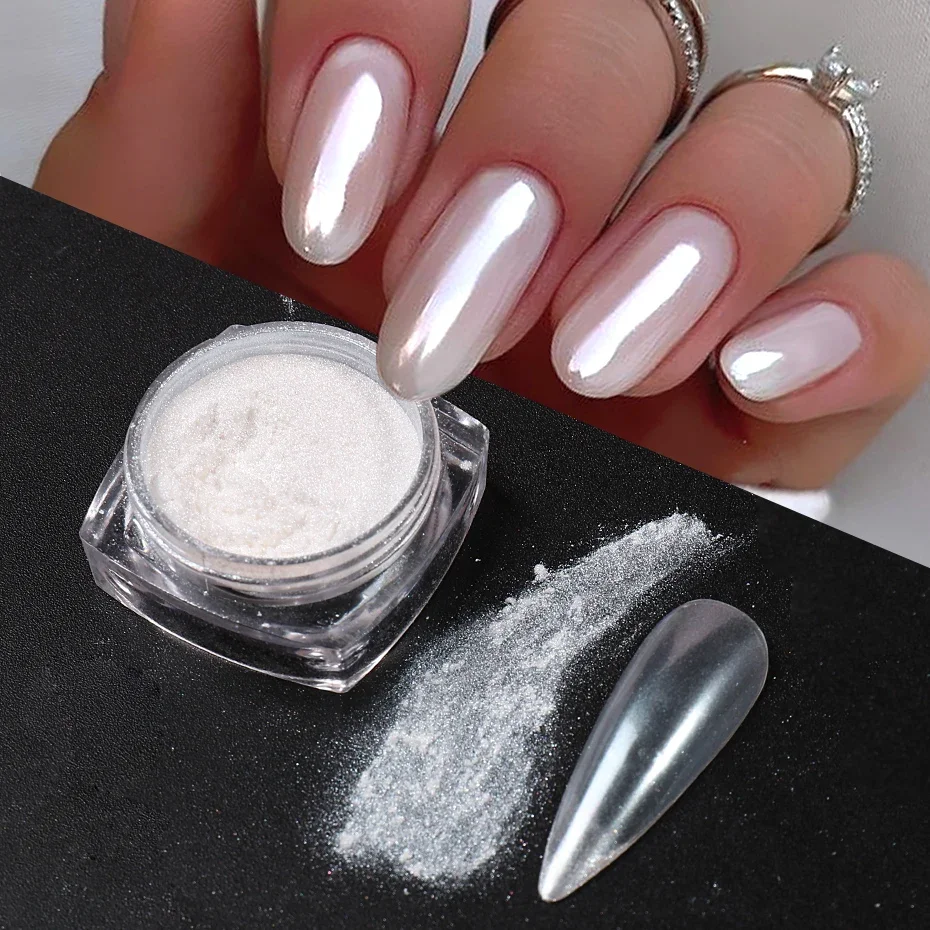 White Pearl Mirror Moonlight Nail Powder Chrome Pigment Rubbing on Nail Glitter Mermaid Aurora Dust Manicure Decoration M38016