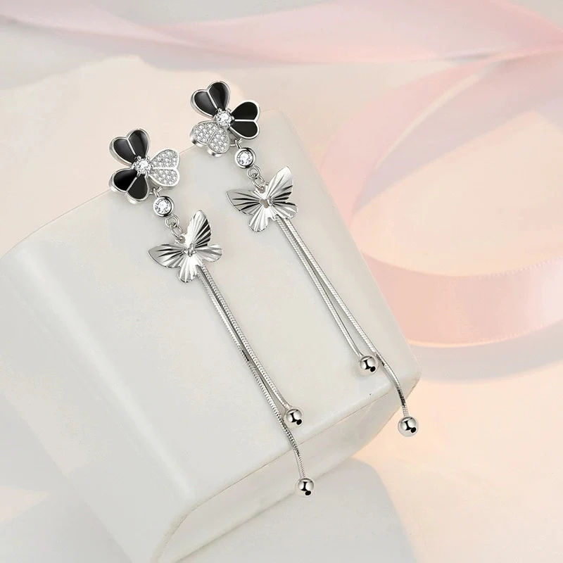 

Balck Clover Tassel Earrings For Women Elegant Butterfly Flying Long Ear Stud Inlaid Zircon Earrings 925 Silver Jewelry KOFSAC