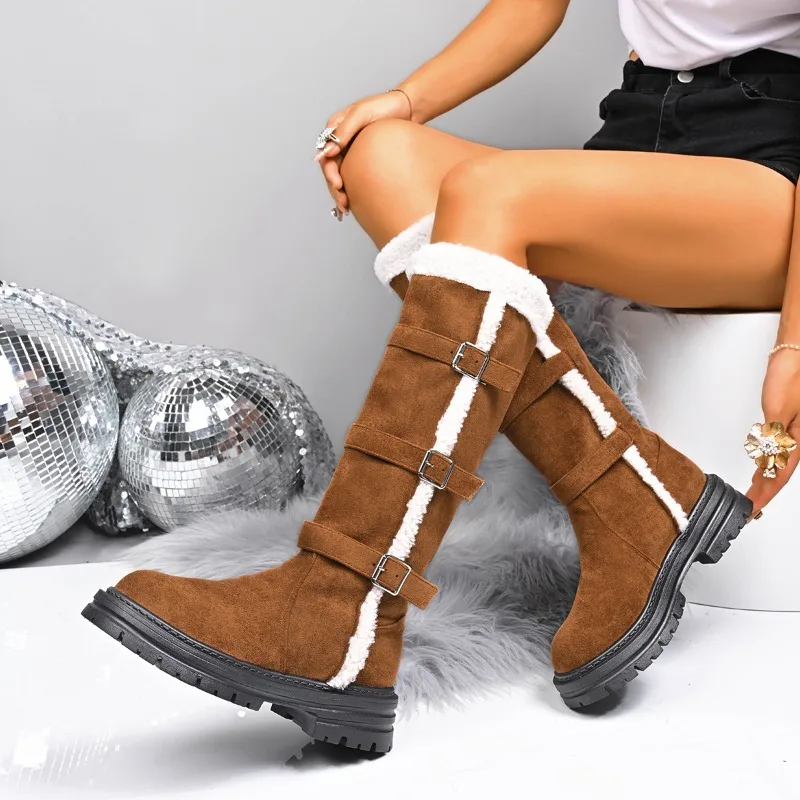 

Women's Winter Keep Warm Snow Boots Fashion Suede Velvet Belt Buckle Platform Women's Plush Cotton Boots Tall Boots Botas Mujer