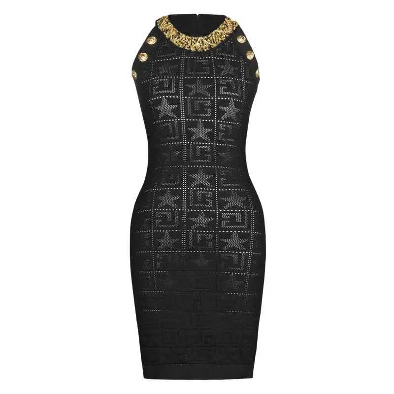 

Summer 2024 New Heavy Bead Embellished Slim Fit Midi Knitted Dress Sleeveless Zipper Back Dress Elegant Lady Style mid Waist