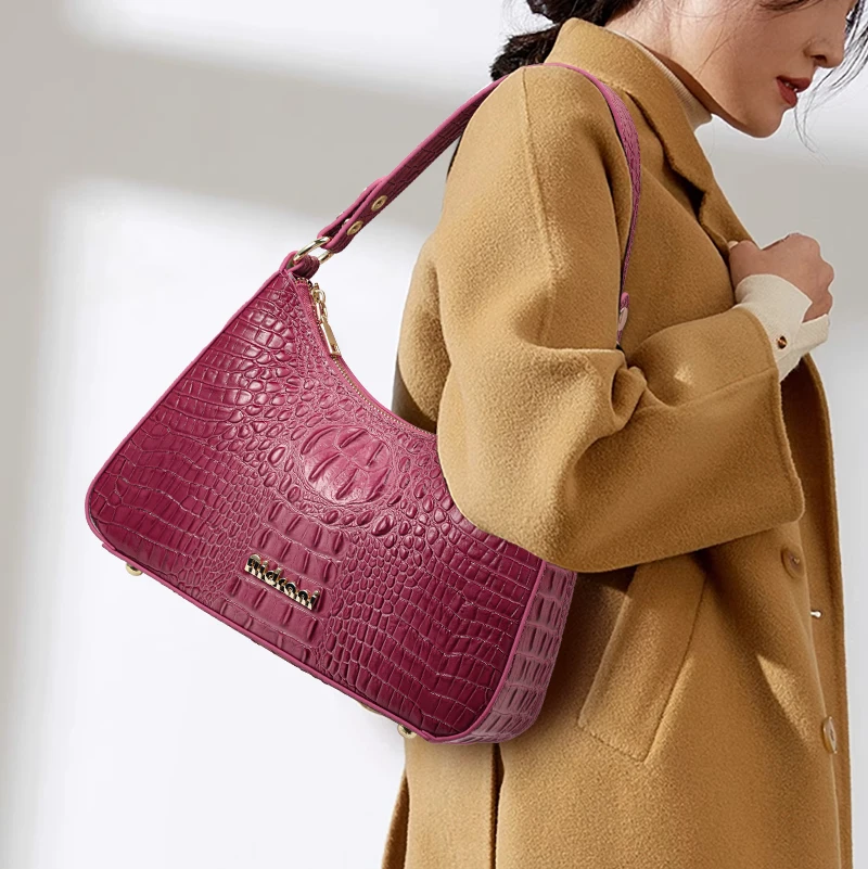 

Женская сумка на одно плечо из натуральной яловой кожи под мышками, розово-красная сумка с крокодиловым узором в форме полумесяца, сумка для хранения