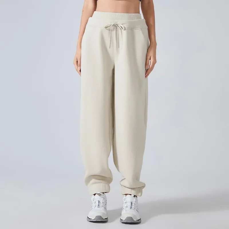 Lemon-pantalones de chándal de cintura alta para mujer, pantalones deportivos gruesos y holgados de felpa, faja de doble cintura, ropa para correr, Otoño e Invierno