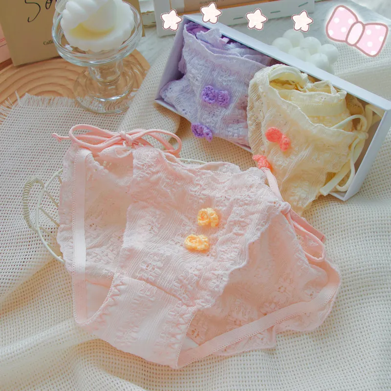 3pcs Gift Japanese Sweet Tie Low Rise Panties For Women Cute Bow Lace Pure Desire Cotton Crotch Briefs Intimates Lingerie Set