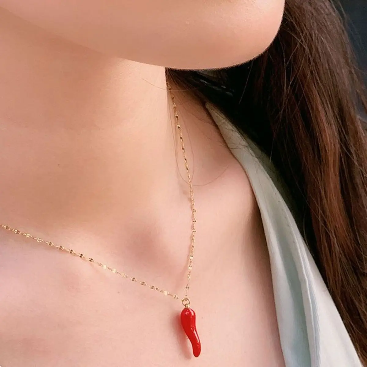 Enamel Chili Charm Pendant Necklace - Lucky Horned Bead Chain, Gold-Plated Stainless Steel Red Pepper Necklace