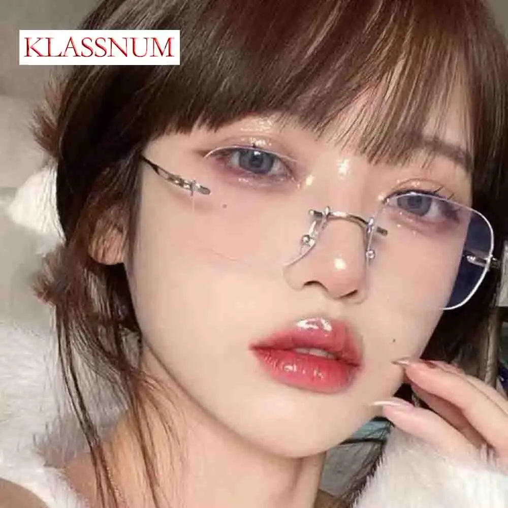 

KLASSNUM Luxury Design Anti-blue Light Rimless Myopia Glasses Women Men Frameless Eyeglasses Gold Metal Protective Eyewear
