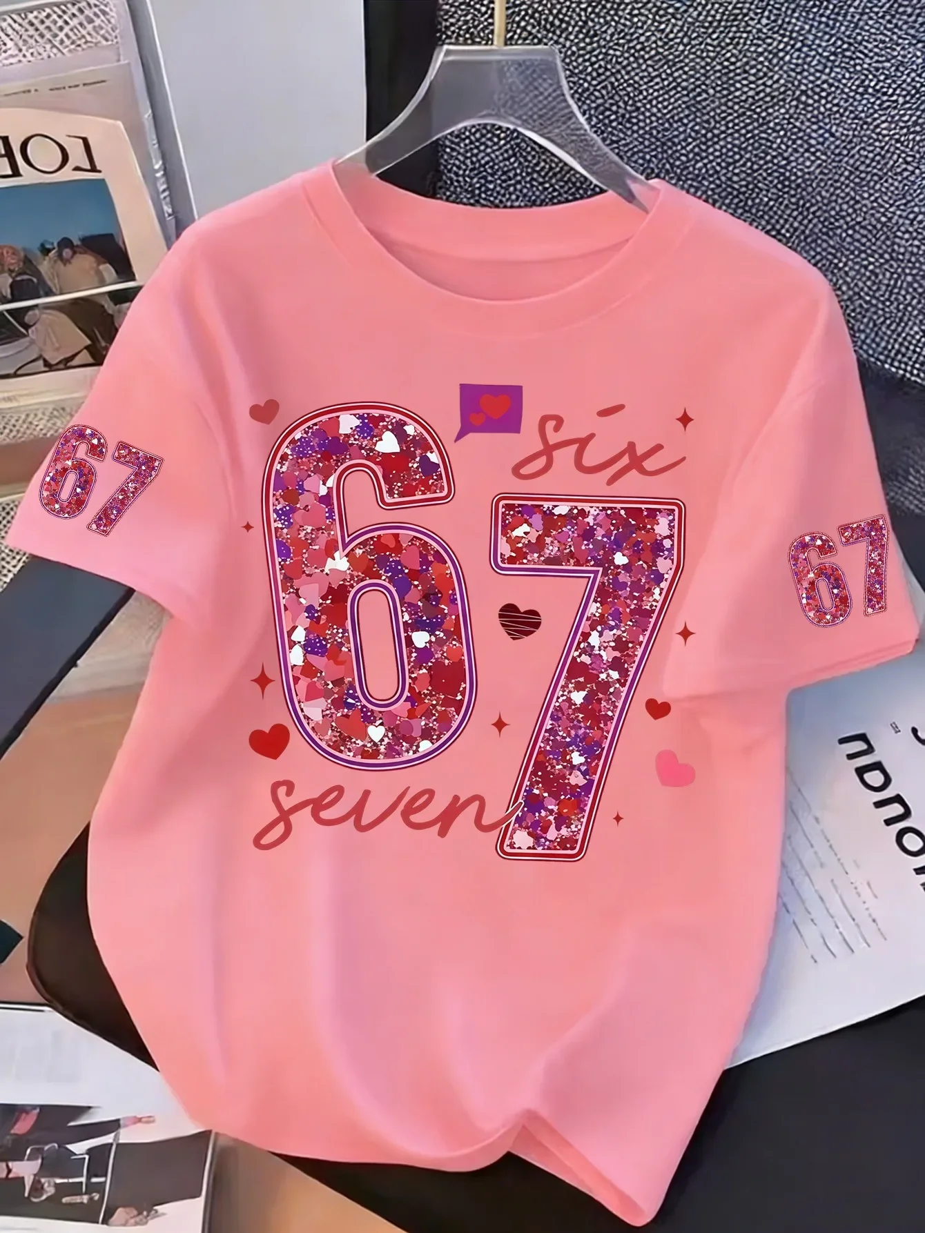 Girls' Cotton T-shirt Valentine's Day exclusive sequin number 67 creative print. Perfect summer children's outdoor clothing.