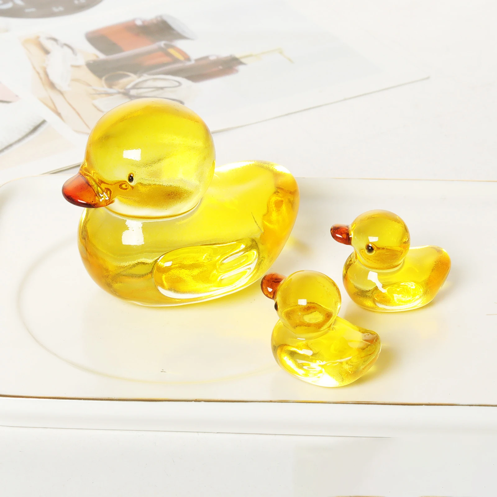 1PC Minimalist Cartoon Animal Glass Yellow Duck Crystal Craft Ornament Mother-and-Baby Ducks Figurine for Bedroom Decoration