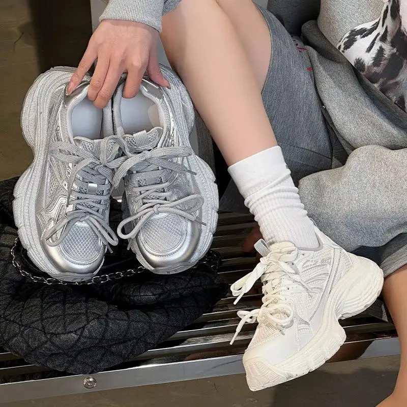 

Silver Leather Thick Bottom Dad Shoes Casual Sporty Versatile Double Strap Fashionable Flat Mouth Shoes for All Seasons