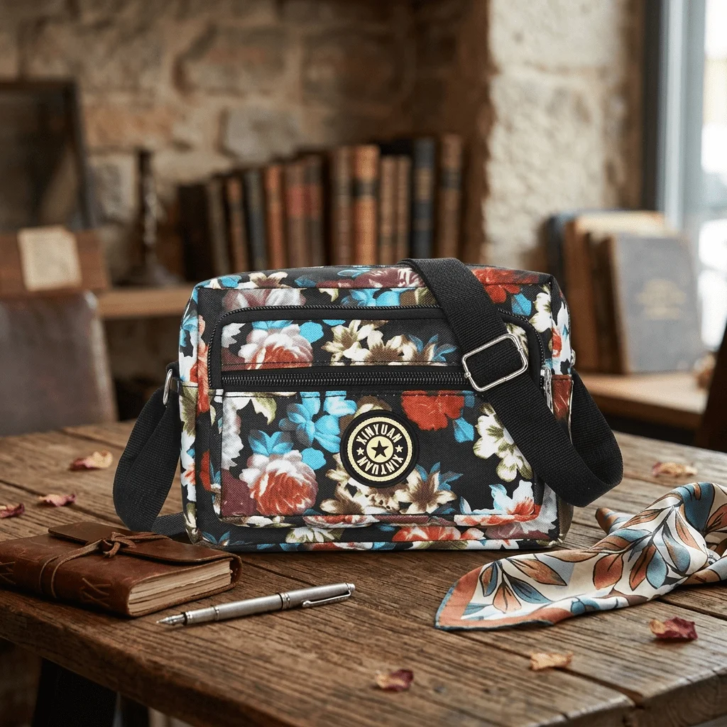 Women's Floral Print Crossbody Bag, Lightweight Multi-Pocket Shoulder Purse, Adjustable Strap Sling Bag for Daily Shopping