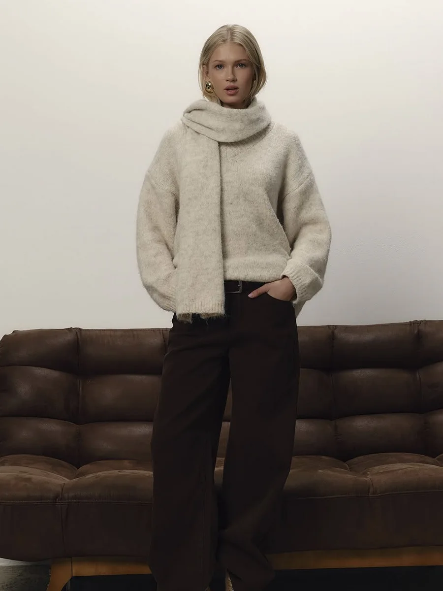 Blubelle جديد الخريف الشتاء المرأة كسول لاعبا فضفاض نمط سترة صوف ناعمة البلوز ووشاح متماسكة مجموعة