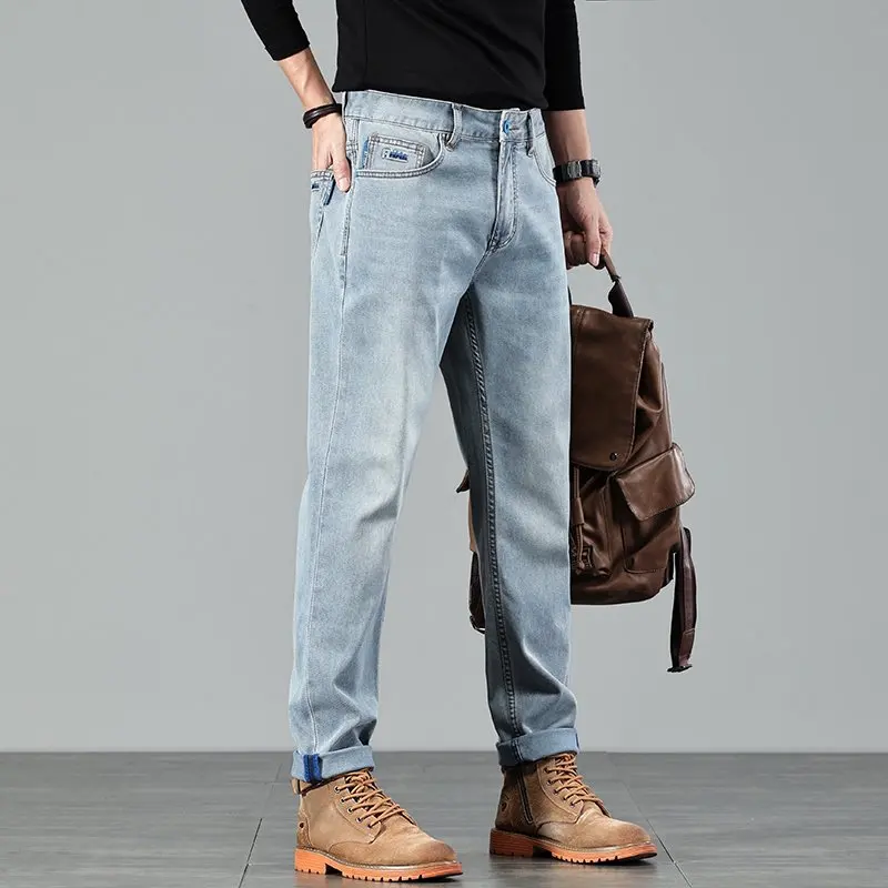 

Летние тонкие мягкие джинсы, мужские легкие роскошные модные модные длинные брюки из эластичной прямой саржевой ткани