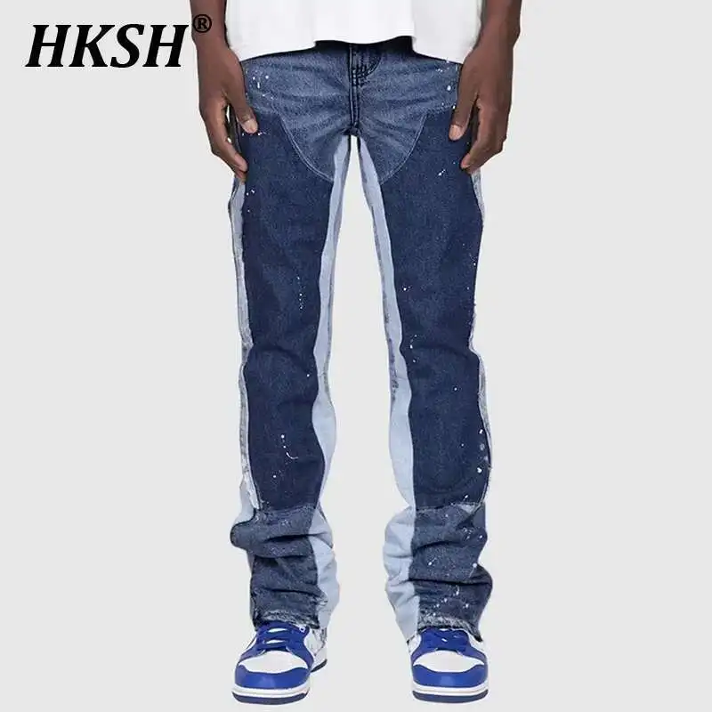 

HKSH Spring Summer New Jeans Men's Tide Patchwork Color Contrast Denim Pants Retro Boot Cut Punk Personalized Streetwear HK3540