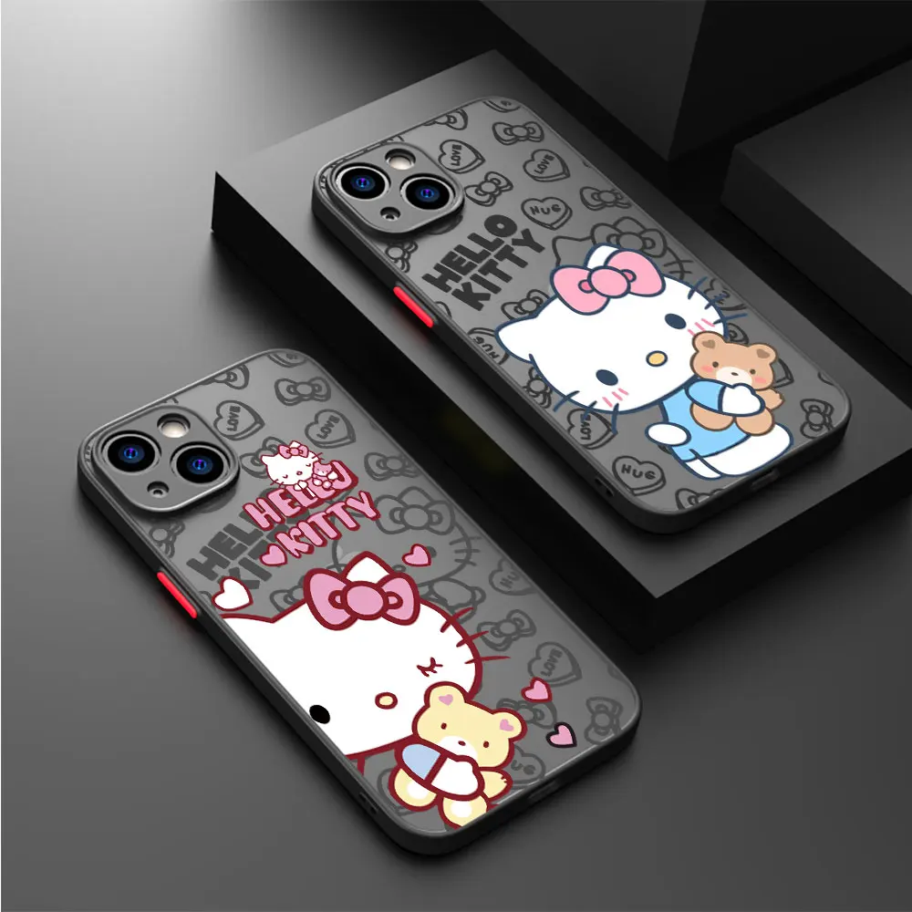 Hello Kitty Cute Matte Case For Apple iPhone 15 11 14 13 12 Pro 7 XR X XS Max 8 Plus 6 6S SE 2022 15Pro Black Phone Cover