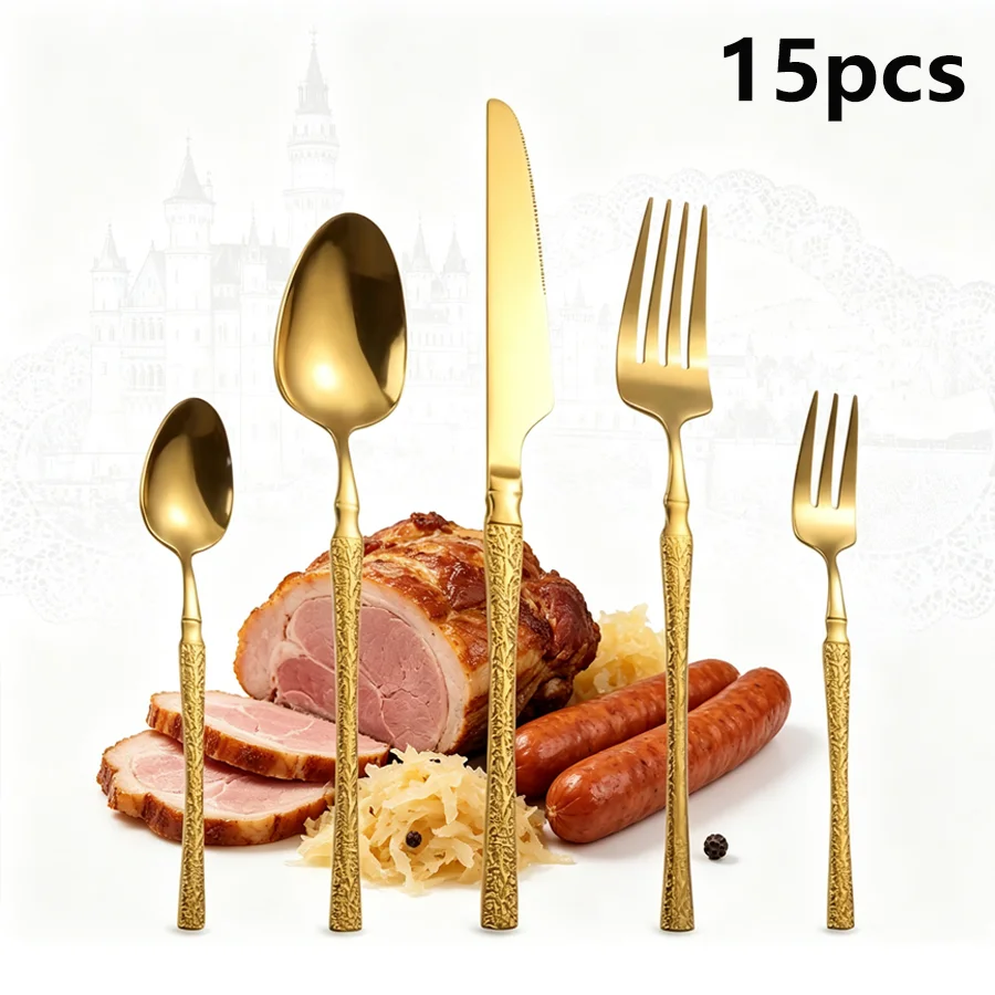 15-Piece Stainless Steel Cutlery Set, Mirror Polished with Hammered Handles, Luxurious Gold Finish, Includes a Knife, Fork, Spoo
