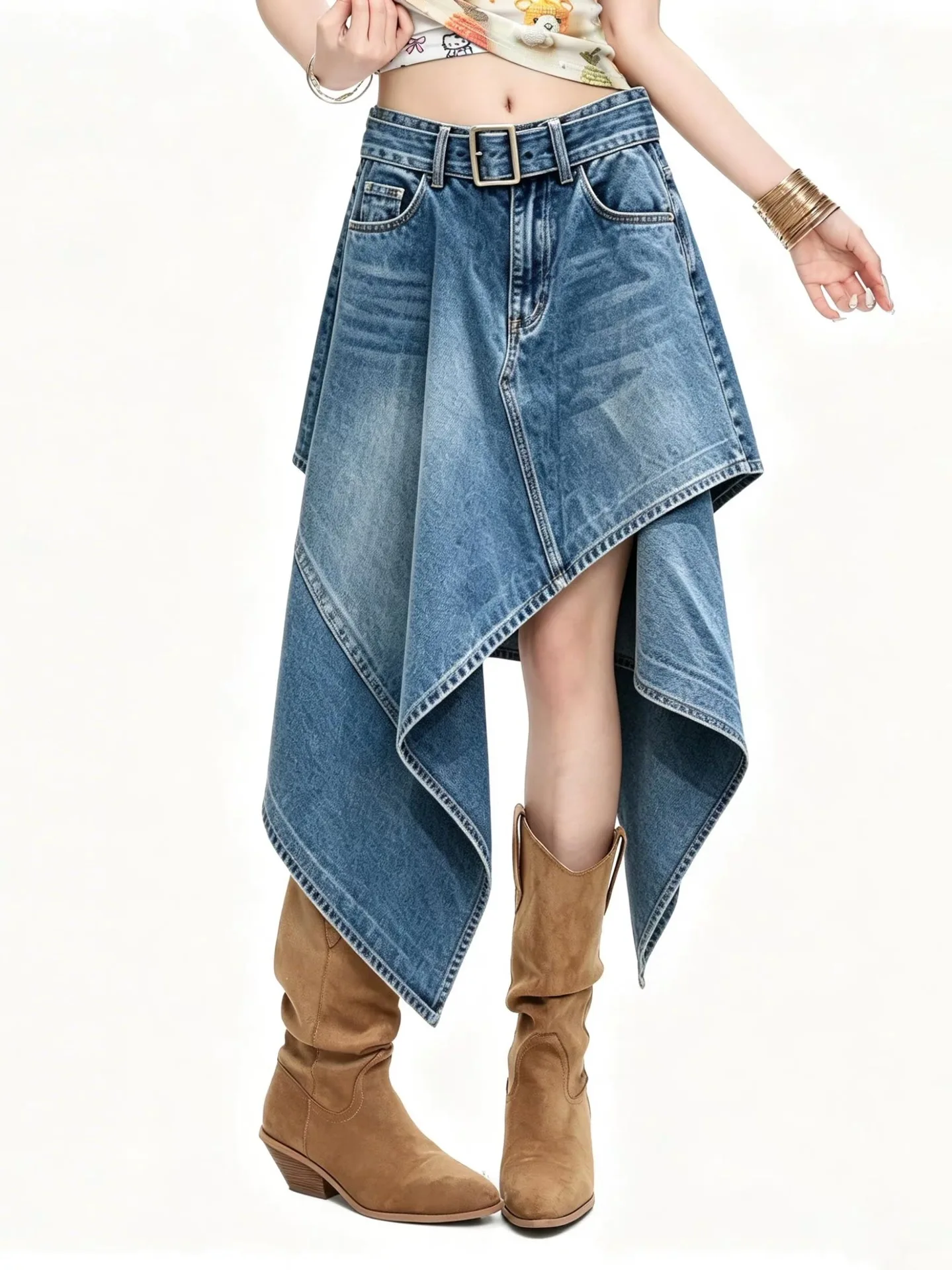 Asymmetrischer, unregelmäßiger Jeans-Midirock für Damen, hohe Taille mit Gürtel, Patchwork, gewaschenes Blau, A-Linie, Freizeitrock – Detail 6