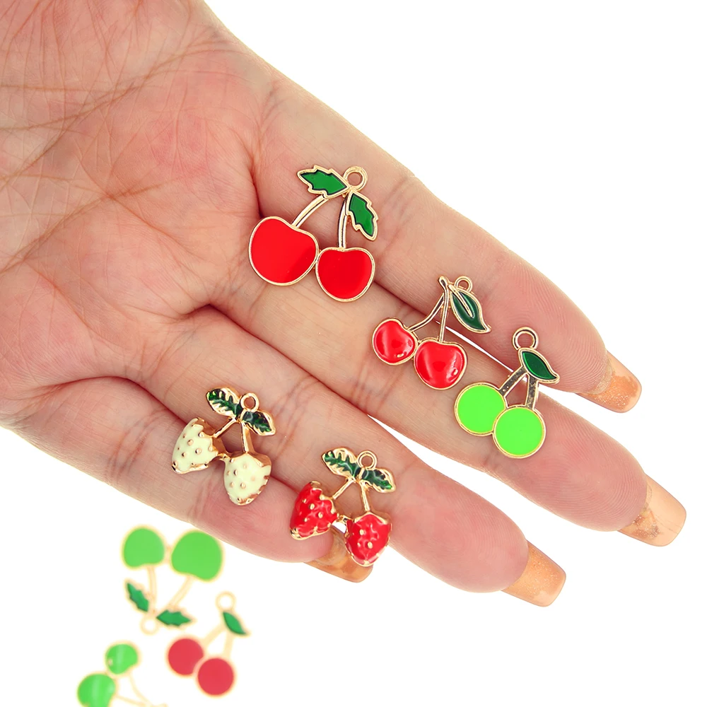 10psc/lot Fruit Enamel Cherry Strawberry Charms Pendant for DIY Bracelet Making Earring Jewelry Accessories XL1748