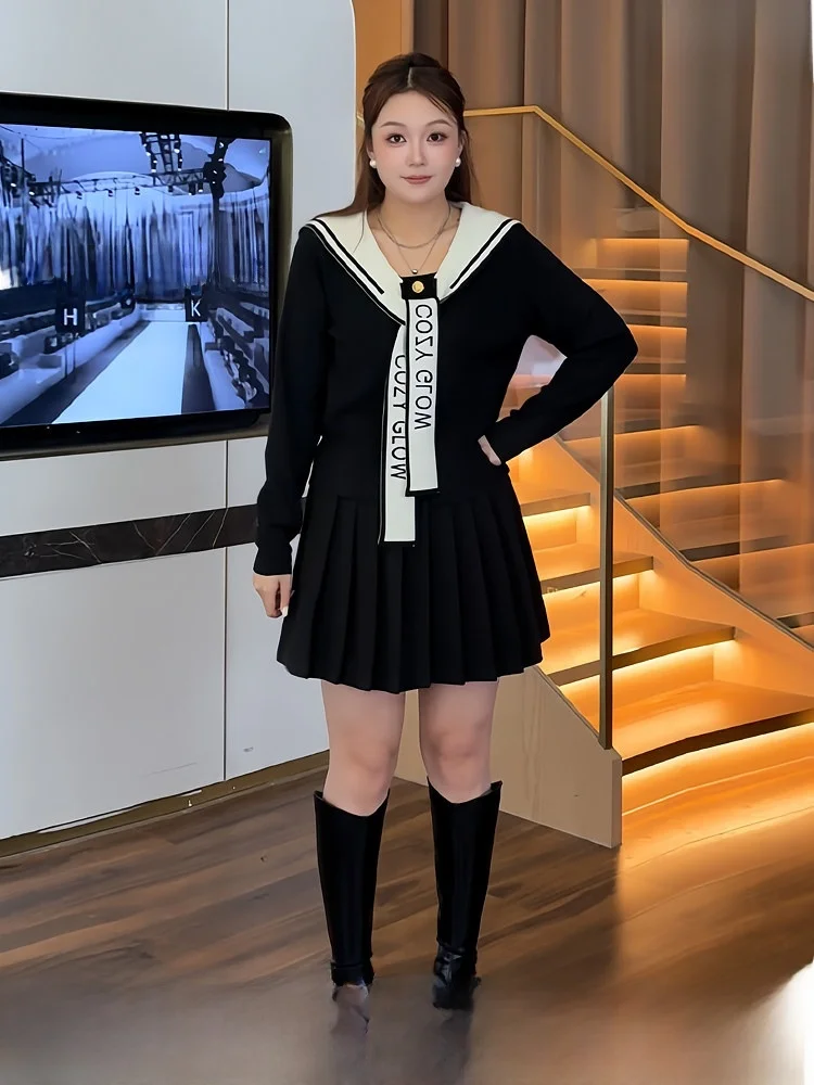 

Комплект: вязаный свитер большого размера с темно-синим воротником и юбка А-силуэта с высокой талией, свободного кроя, в корейском стиле, с длинными рукавами, осенняя мода