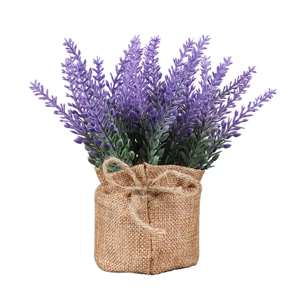 Burlap Potted Lavender Flowers Artificial Fake Flower and Plant Flocked Charming Purple for Warm and Loving Home or Venue Decor