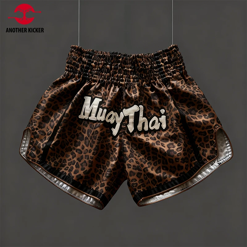 Pantalones cortos de boxeo tailandés de leopardo para hombres, mujeres y niños, pantalones cortos marrones de Muay Thai, pantalones de Kickboxing, gimnasio, Fitness, Sparring, lucha libre, ropa de MMA