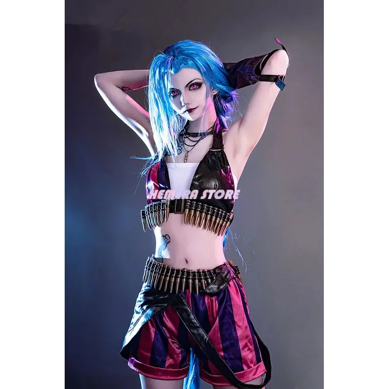 2023 Jinx LOL جامعة أساطير أنيمي جديد أنيمي ازياء للنساء جامعة أسطورة تأثيري Jinx زي مع شعر مستعار XS-3XL