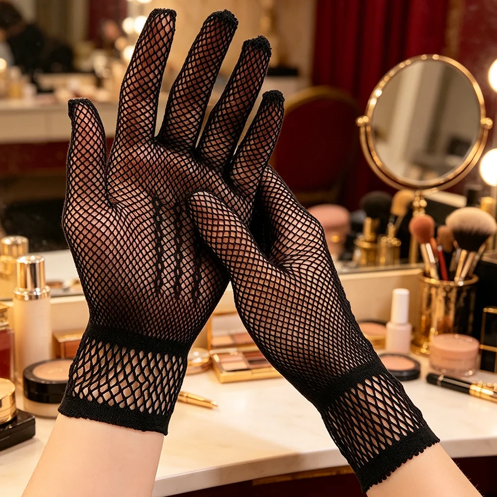 Women Fashion Ruffle Lace Driving Gloves Thin Fishnet UV Resistant Breathable Sun Protection Gloves Black White