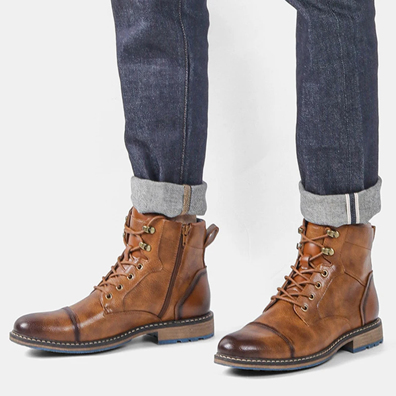 Plus size 50 Men Boots Side Zipper Men Leather Boots Retro Motorcycle Boots Wear-resistant Comfort Quality Male Ankle Boots New - view 5