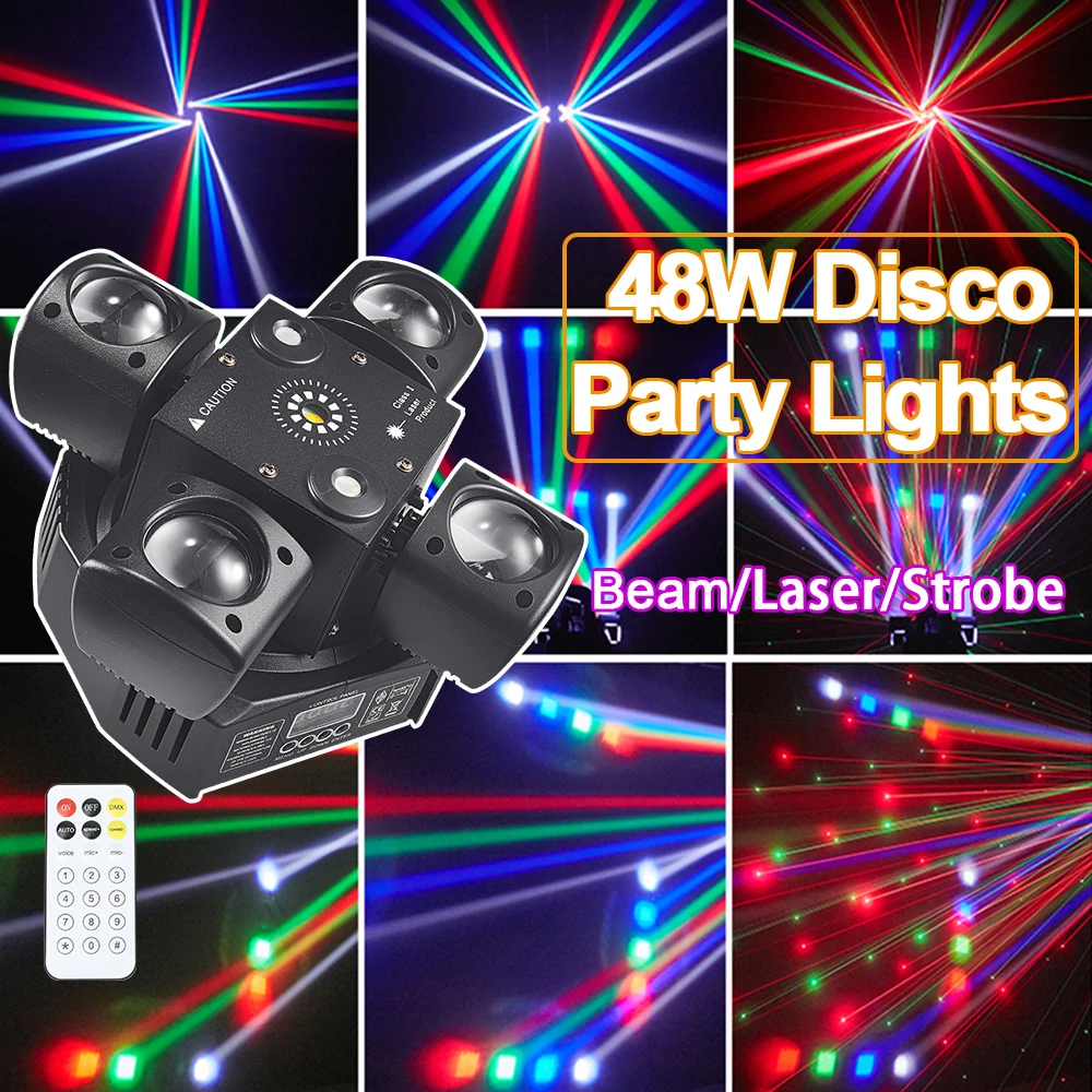 

48W Mini Disco Lights 4 Arm Moving Head Luces DJ Light DMX512 LED Beam Strobe Effect RGBW Party Nightclub Bar Stage Light