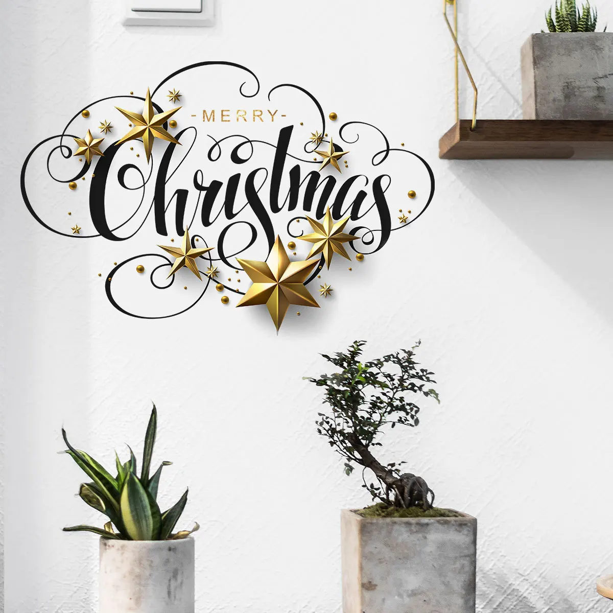 Merry Christmas Letters Golden Stars Background Wall Window Living Room Christmas Decoration Stickers