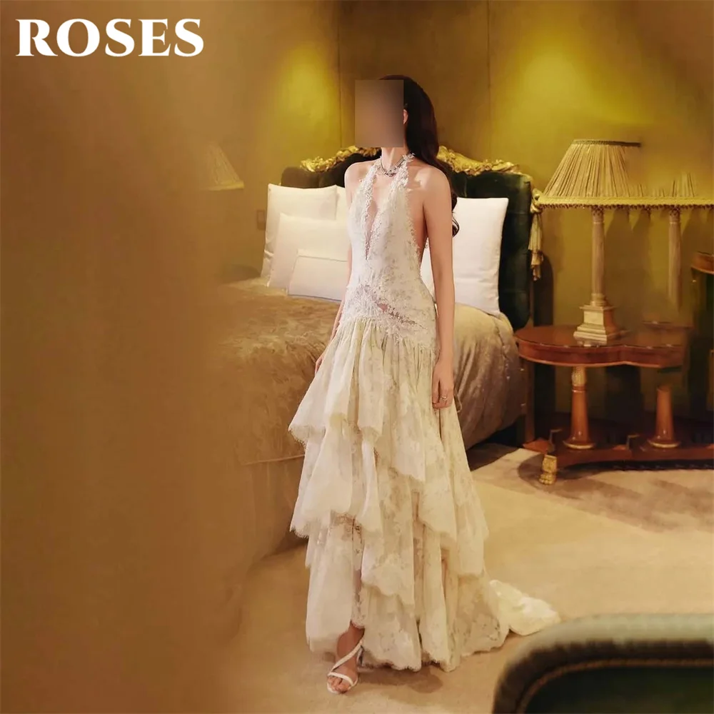 ROSES Ivory Halter Lace Wedding Dress Deep V Neck Open Back Formal Dress Tiered Ruffle Evening Dresses for Women Customized
