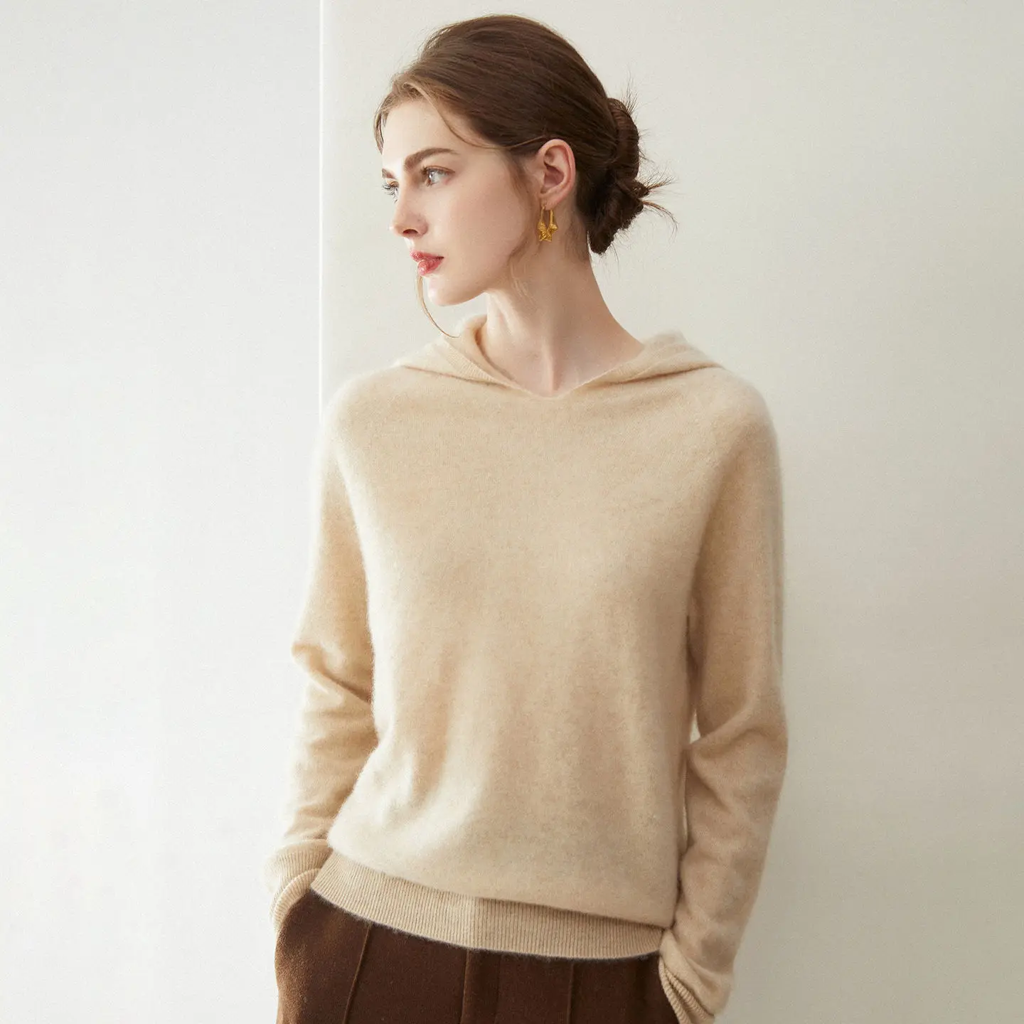 

100% норковый кашемир, вязаный свитшот с капюшоном и v-образным вырезом, женский базовый свитер, осень-зима, новый стильный пуловер, свободный свитер, верхняя одежда