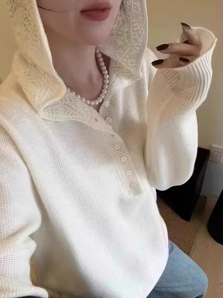 هودي صوفي محبوك للسيدات بأكمام طويلة، قطعة علوية عصرية للارتداء اليومي، تصميم بأزرار نصفية بلون واحد، مريح وأنيق لفصل الخريف #1