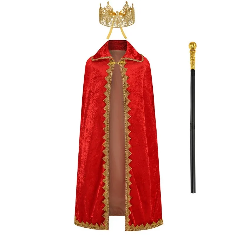 King Cloak Cape Halloween Charming Prince Medieval Costume Queen Velvet Robe Kids Carnival Outfit For Child Boys Girls Red