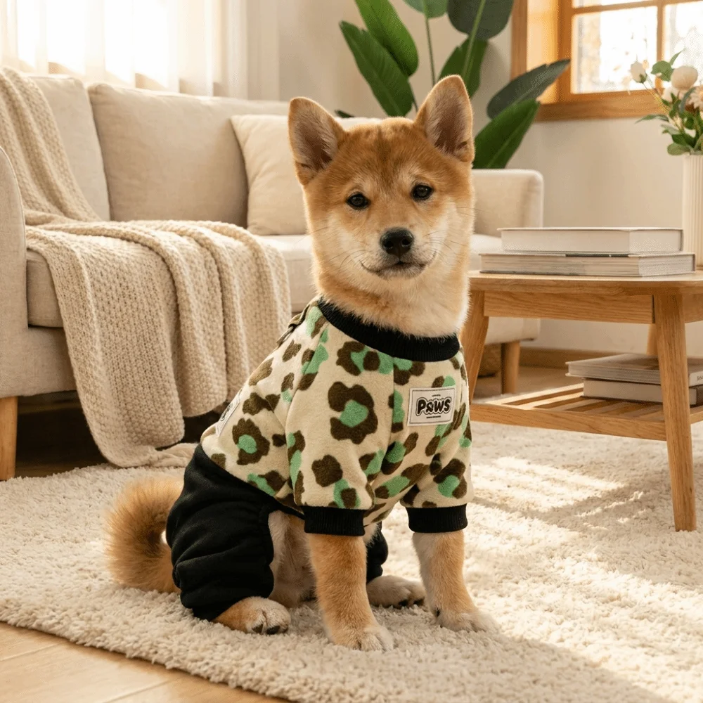 Thickened Leopard Print Pet Jumpsuit Ultra-Soft Breathable Warm Dog Jumpsuit Warm Comfort All Inclusive Dog Pajamas Sleepwear