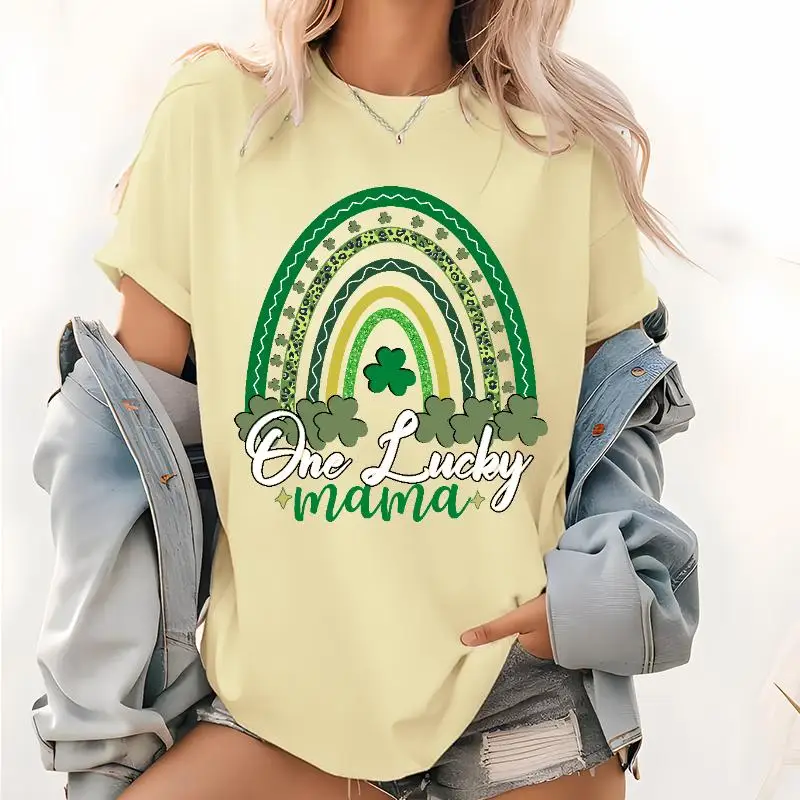 

Lucky Mama Pattern T Shirt, St. Patricks Day Short Sleeve Tops, Green Rainbow Tee, Mom Lucky T-Shirt, Lucky Tee Gift