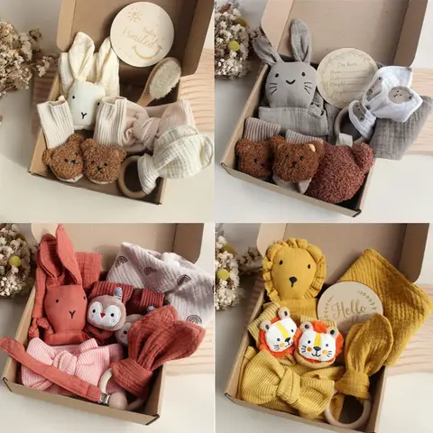 부드러운 코튼 거즈 아기 수건, 토끼 아기 포옹, 보안 수건, 양말, 헤어 브러시, 얼굴 수건, 신생아 샤워 선물 상자