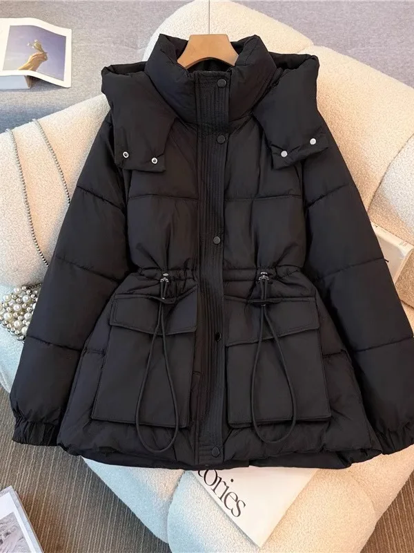 

Black Hooded down Cotton Jacket Women's Shoulder Size Large Spring New Style Middle-Length Waist-Cinching Cotton Coat