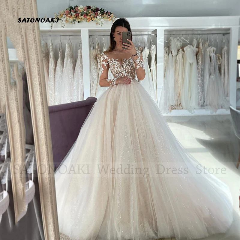 

Customized Elegant Lace Wedding Dress for Women O-Neck A-Line Applique Long Sleeve Bride Gown Vestidos De Novia Robe Mariée