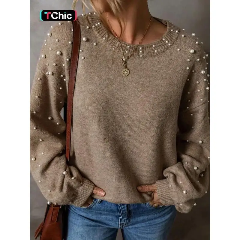Women's Faux Pearl Decorated Drop Shoulder Sweater Casual Long Style Other Material 100% Spring Season Fashion Ladies Knitwear