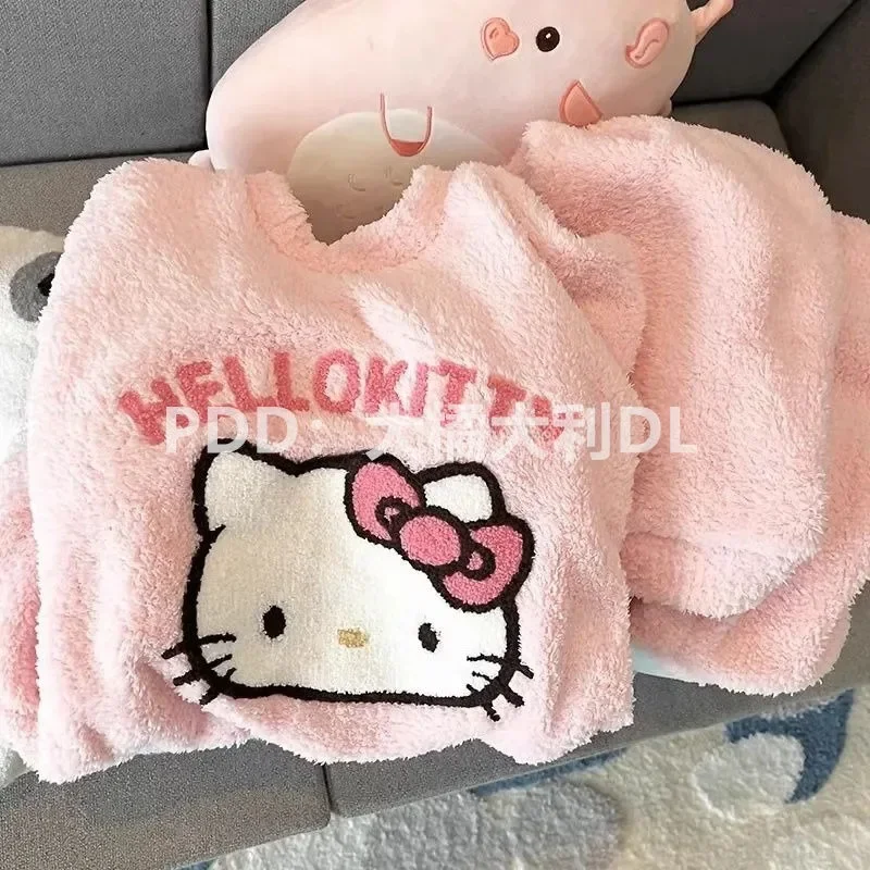 

Hello Kitty Anime MINISO Kawaii Fashion Warm Coral Velvet Pajamas Kt Cat Cartoon Cute Homewear Shirt Pants Set Gifts for Girls