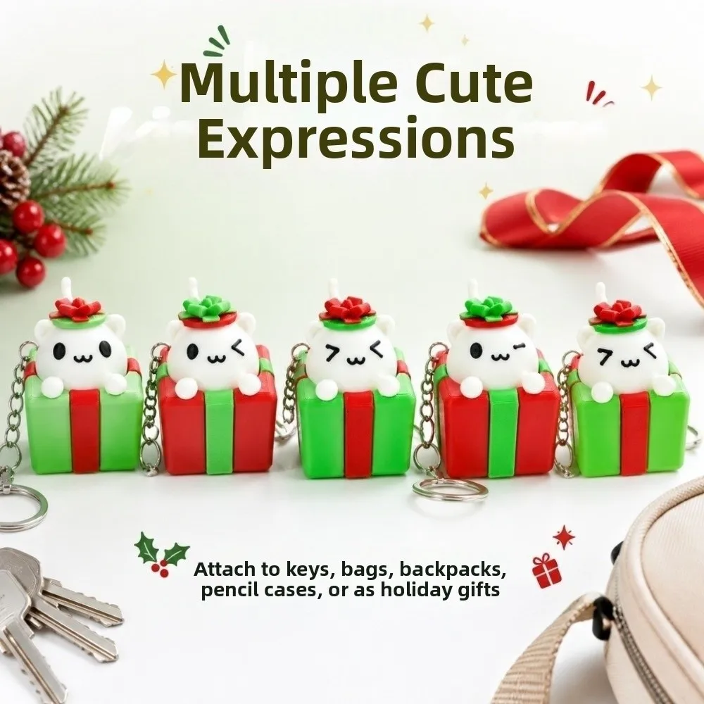 3D Printed Christmas Clicker Keychain Cute Cat Button Press Key Ring Kawaii Style Gift Box Shape Fidget Bag Cat Keychain