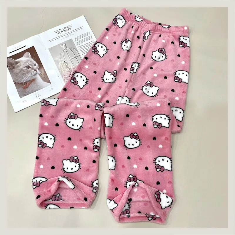 Halloween Sanrio Hello Kitty Pajama Pants Anime Fleece Double Elastic Fabric Soft Trousers Cartoon Casual Home Fashion Pants