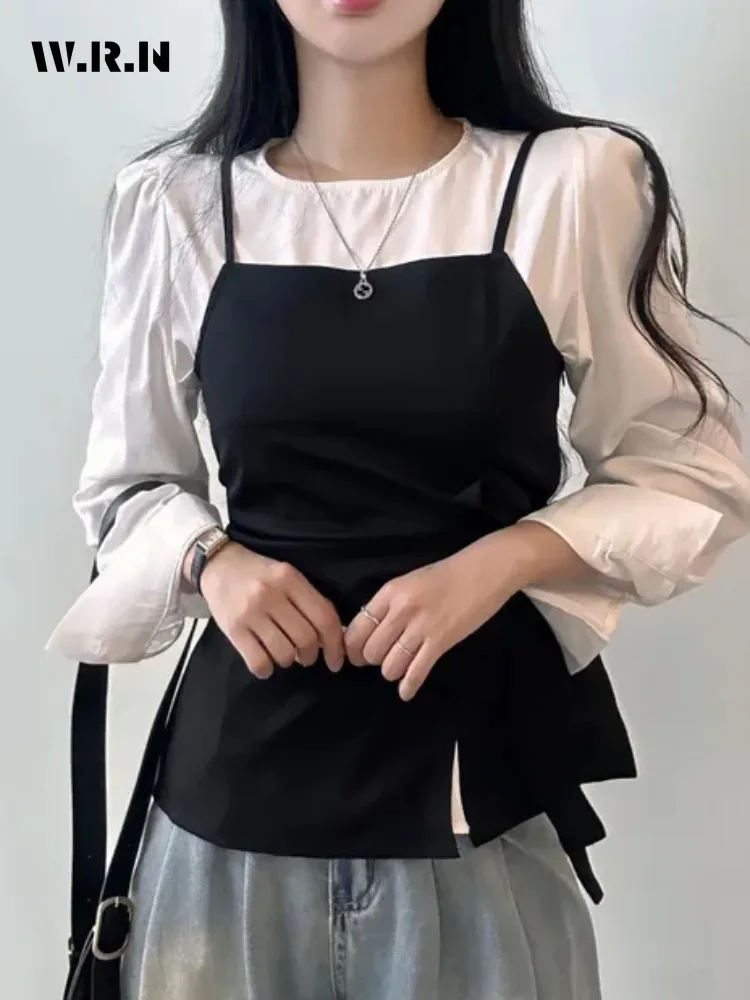 

Chic Spring Knot Belted Waist Outerwear + Solid Color Base Long Sleeve Shirt Two-Piece Set Women's Fashion Blouse