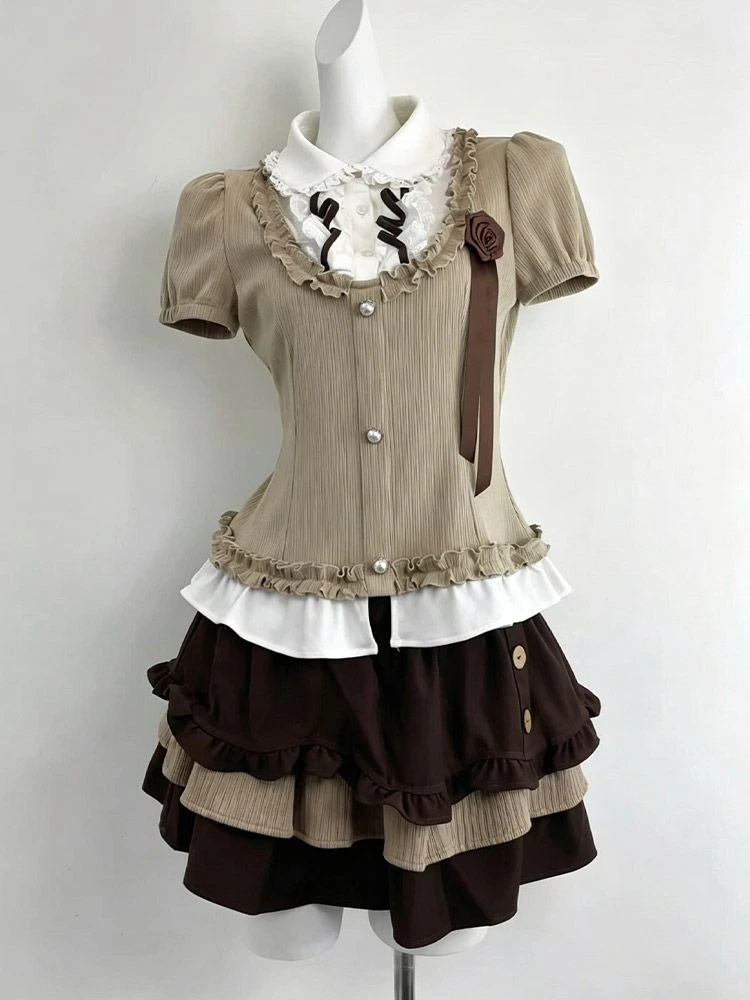 Knit Two Pieces Fungus Pure Desire Set Shirt Cake Panelled A-line Slim Waist Skirt Sweet Cruel Premium Suit Robe