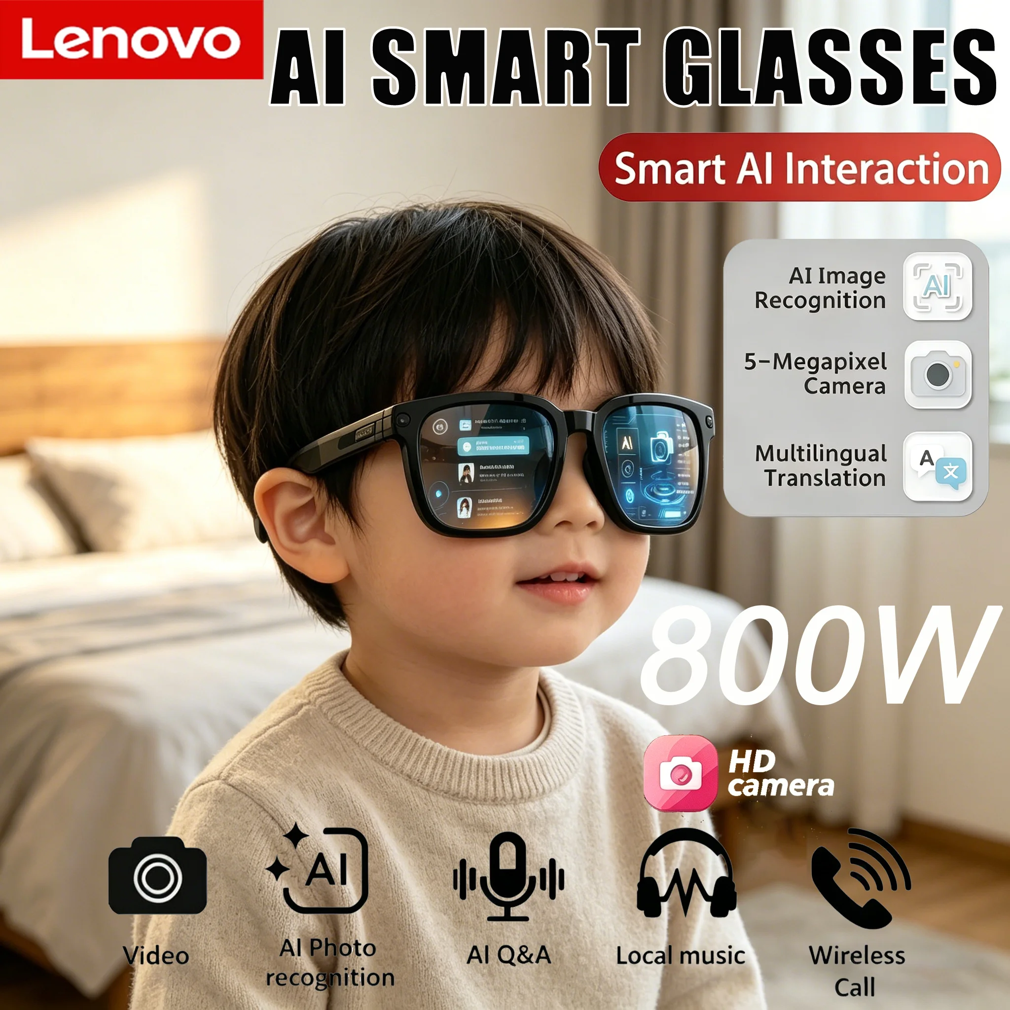 Lenovo 2026 New Kids Smart AI Glasses Motorcycle Glasses HD Photo Video 800W Camera Voice Call Translation Waterproof Bluetooth